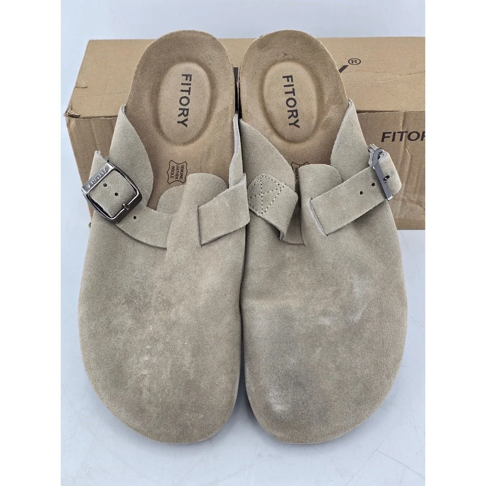 Fitory Suede Clogs Mens Size 11 Taupe Leather Mules Buckle Shoes‎ -Good